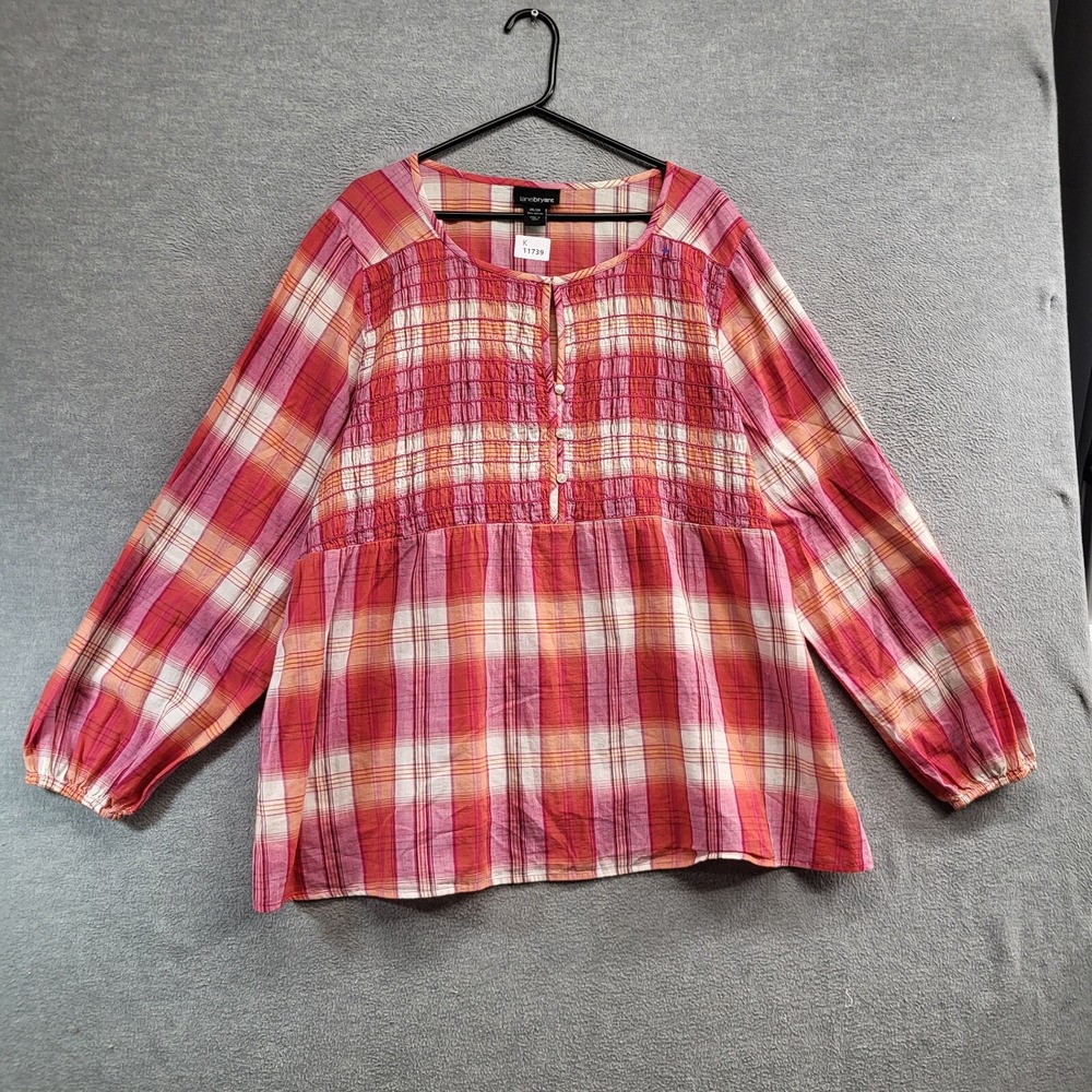 Lane Bryant‎ Women Top 26/28 Red Plaid Blouse Babydoll Smocked Long Sleeve